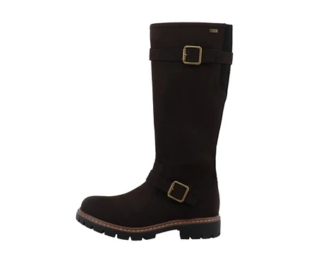 Dunkelbrauner Tom Tailor Stiefel aus Wildlederimitat mit zwei messingfarbenen Schnallen und profilierter Sohle.
