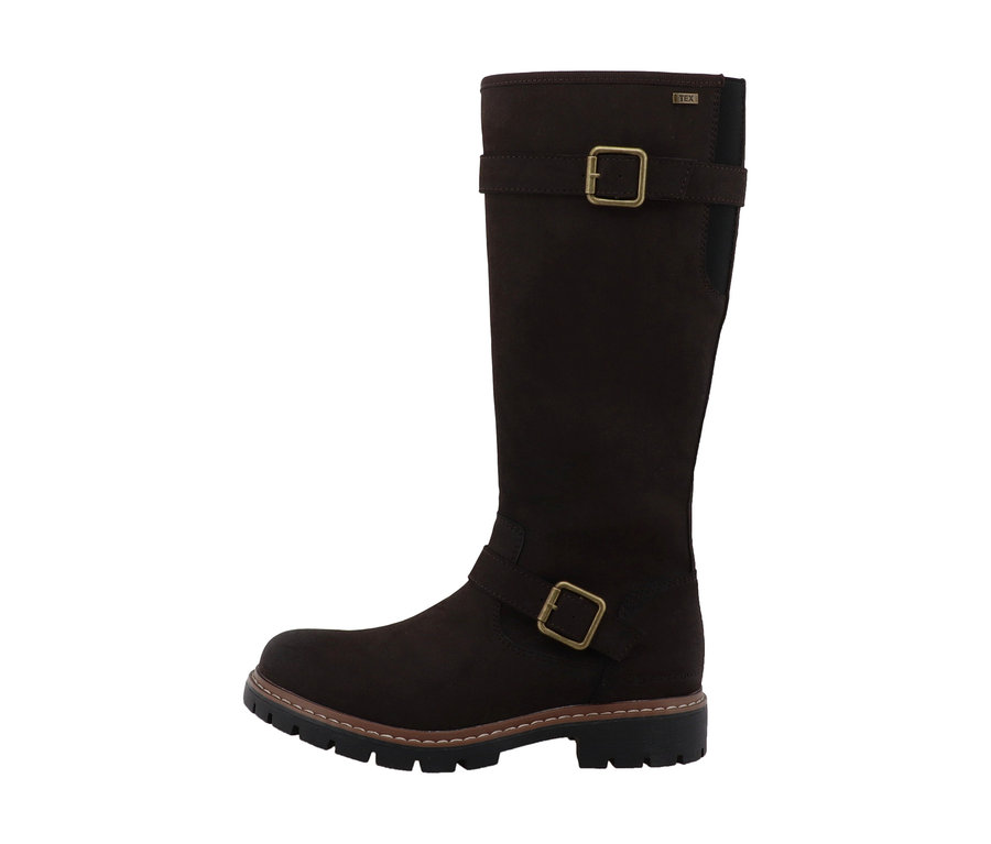 Dunkelbrauner Tom Tailor Stiefel aus Wildlederimitat mit zwei messingfarbenen Schnallen und profilierter Sohle.