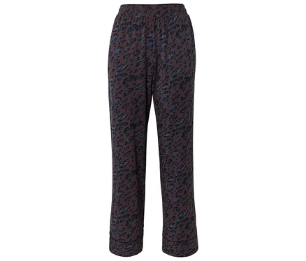 Dunkelbraune, locker sitzende Hose mit blauem und schwarzem Leopardenmuster und elastischem Bund.