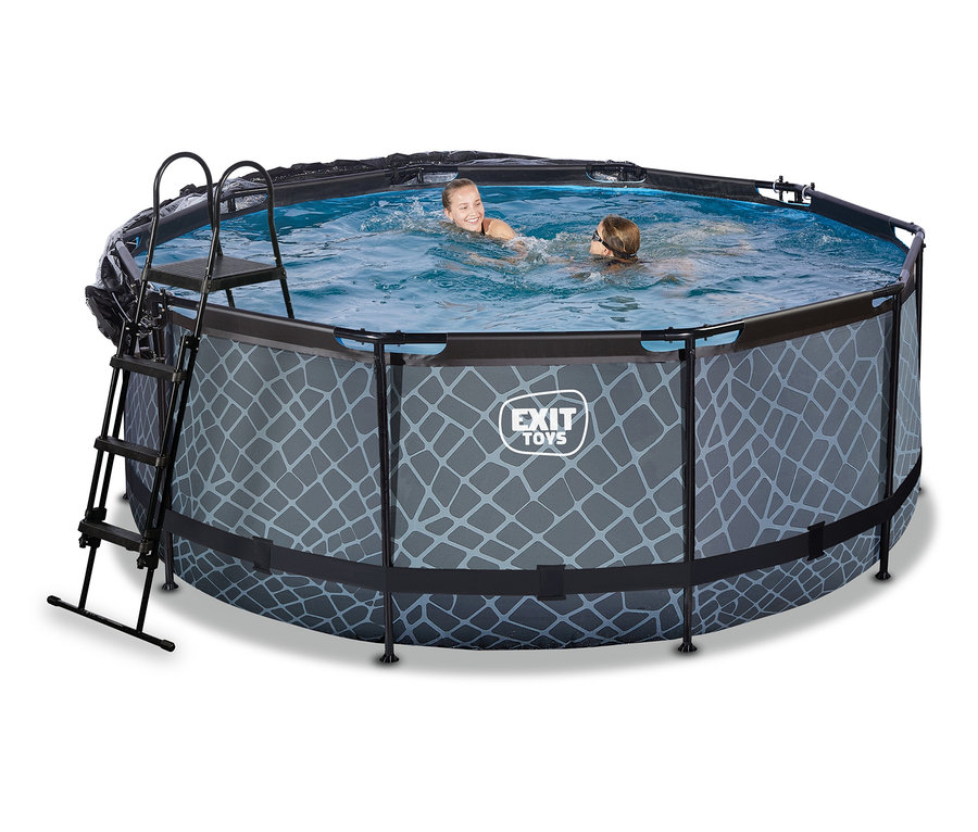 Zwei Personen schwimmen in einem runden, grauen EXIT Pool-Set »STONE« (ca. 360 cm) mit Steinmuster und Leiter.