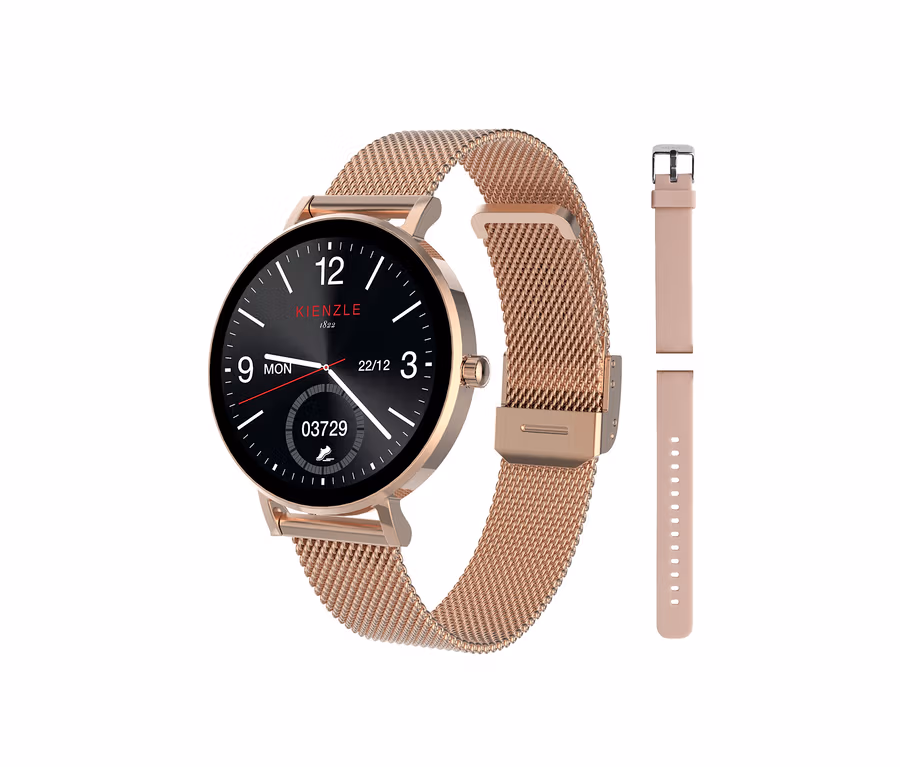 Nahaufnahme einer roségoldenen Smartwatch mit schwarzem Zifferblatt und zwei zusätzlichen Armbändern.