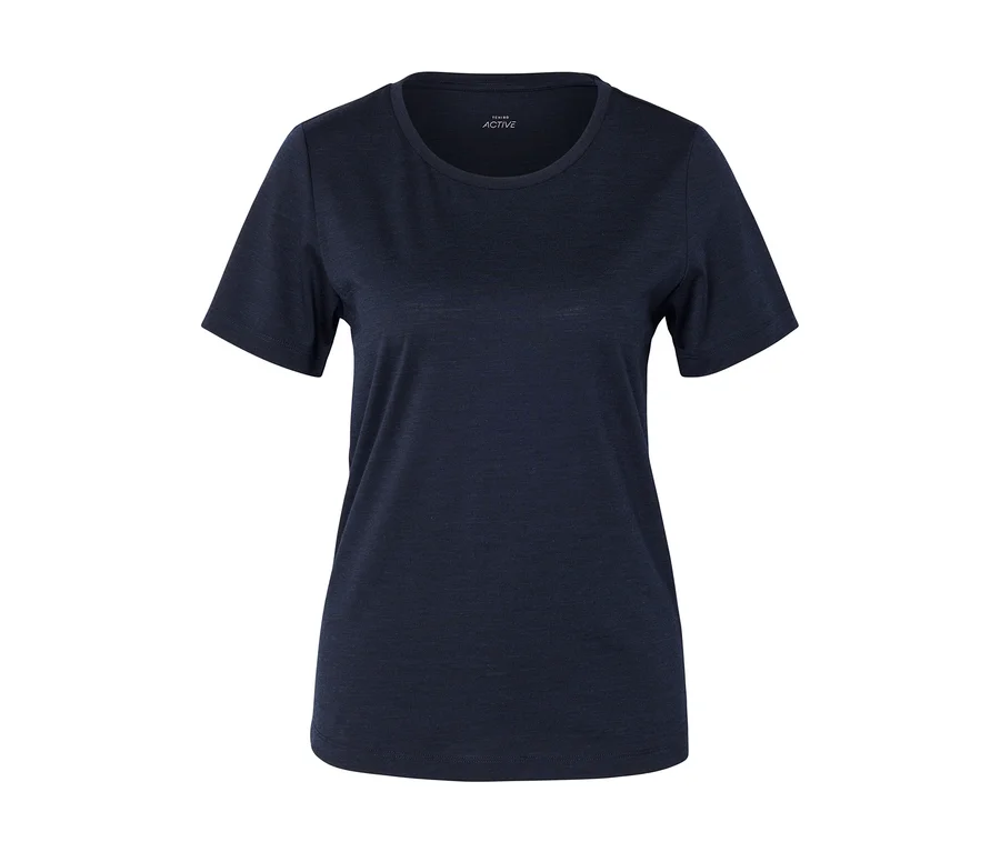 Dunkelblaues, kurzärmeliges T-Shirt mit Rundhalsausschnitt auf weißem Hintergrund.