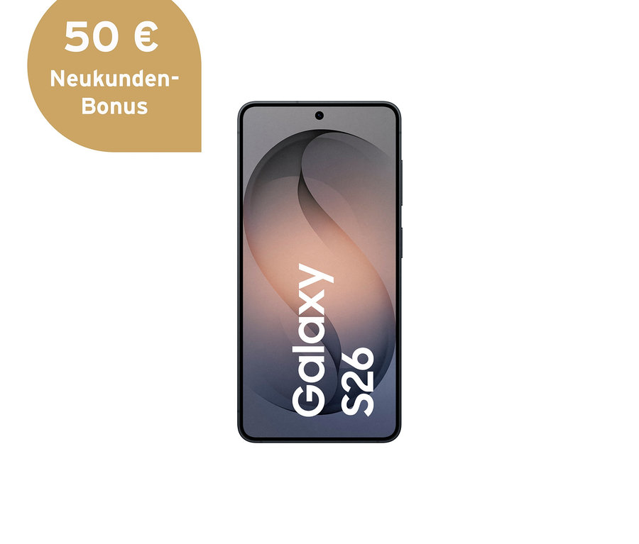 Schwarzes Samsung Galaxy S26 5G 256GB Smartphone mit "Galaxy S26" auf dem Display und einem 50 € Neukunden-Bonus.