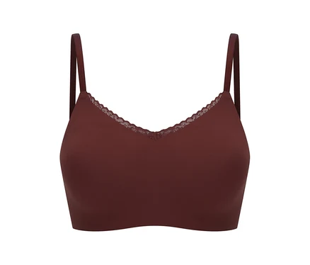 Dunkelrotbraunes Bralette mit dünnen Trägern und V-Ausschnitt. Der Ausschnitt ist mit zarter, gewellter Spitze verziert.