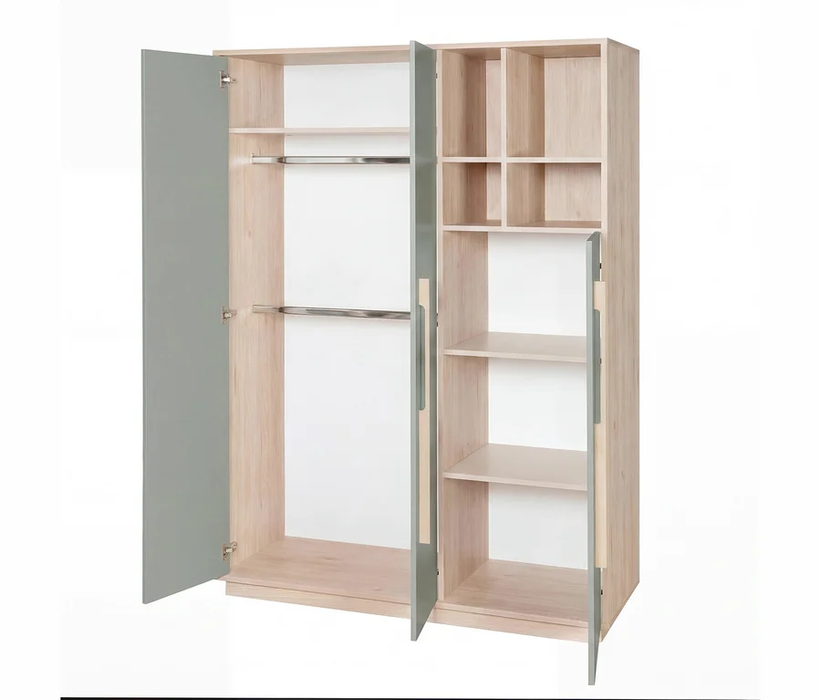 Offener Kleiderschrank des Roba 3-teiligen Kinderzimmer-Sets »Selva« in Reed Green und Virginia Chestnut, mit zwei Kleiderstangen und mehreren Regalfächern.