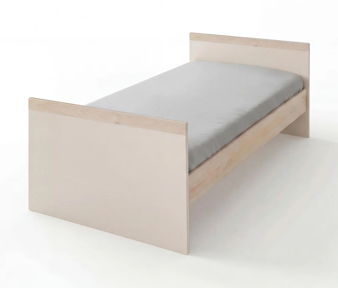 Einzelbett des Roba Kinderzimmer-Sets »Elva« in Cashmere und Virginia Chestnut mit hellgrauem Spannbettlaken.