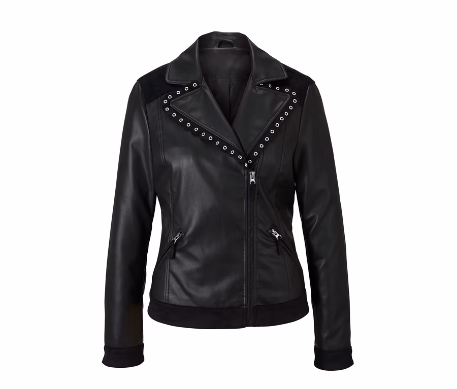 Schwarze Bikerjacke mit Ziernieten.