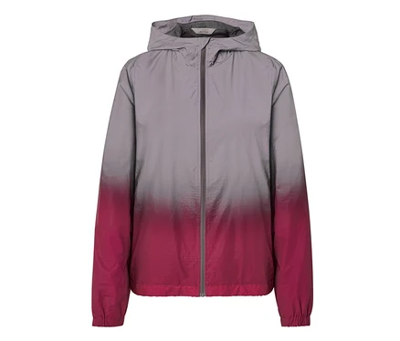 Reflektierende Sportjacke mit grau-pinkem Farbverlauf, Kapuze und Reißverschluss.