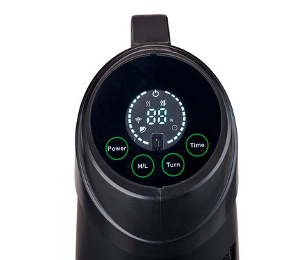 Schwarzes Bedienfeld eines Heizlüfters mit digitaler Anzeige von "88", WLAN-Symbol, Heizstufen und Timer, umgeben von grünen Tasten für Power, H/L, Turn und Time.