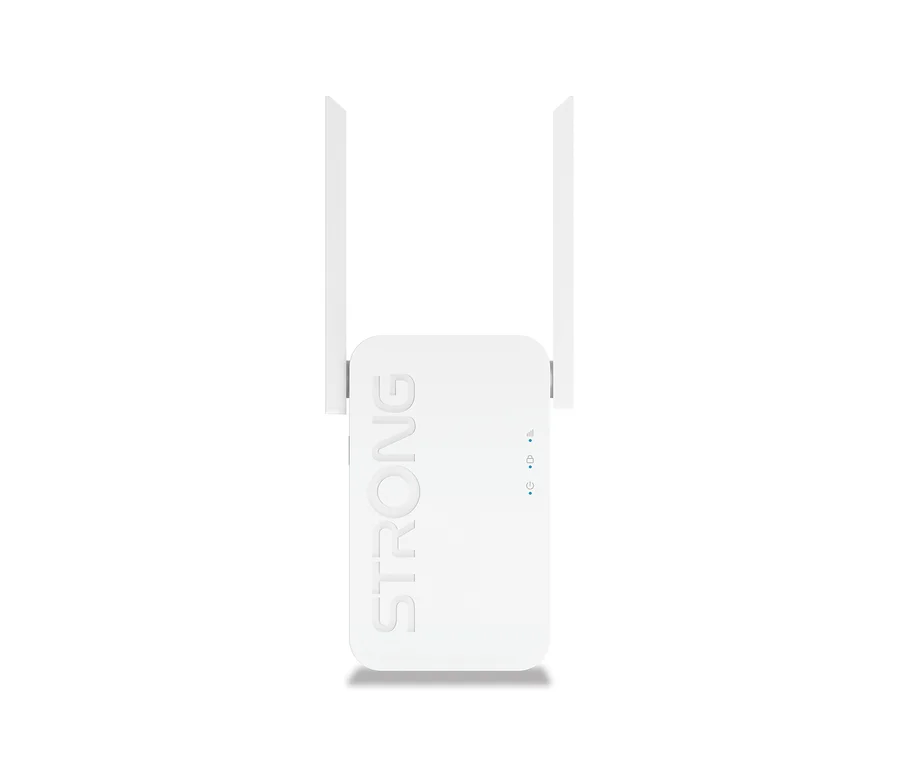 Weißer Strong WiFi 6 Repeater »AX 3000« mit zwei Antennen und Statusleuchten.