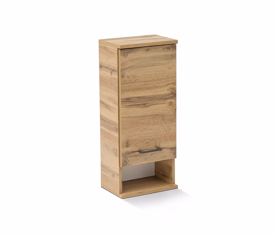 Geschlossener Hängeschrank "O 300 Nora" in Holzoptik mit grauem Griff.