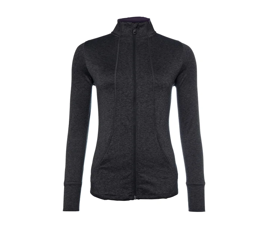 Graue Funktionsjacke mit Reißverschluss in der Mitte.