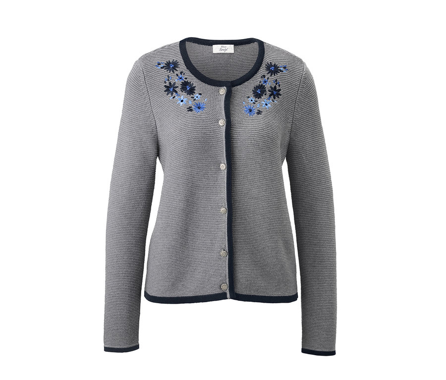Graue Trachten-Strickjacke mit blauen Blumen und dunkelblauer Borte.