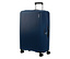 Großer, marineblauer American Tourister Rejoy Spinner Koffer mit Rollen, ausziehbarem Griff und gerillter Oberfläche.