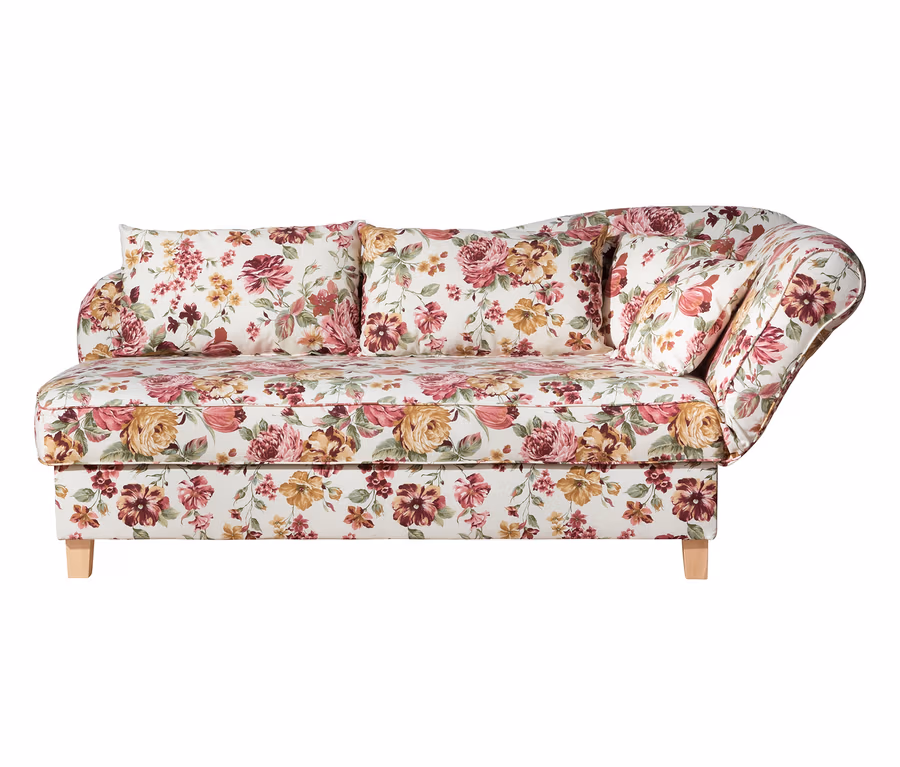 Florale Recamiere »Saturn« mit Stauraum, rechts, und drei Kissen.
