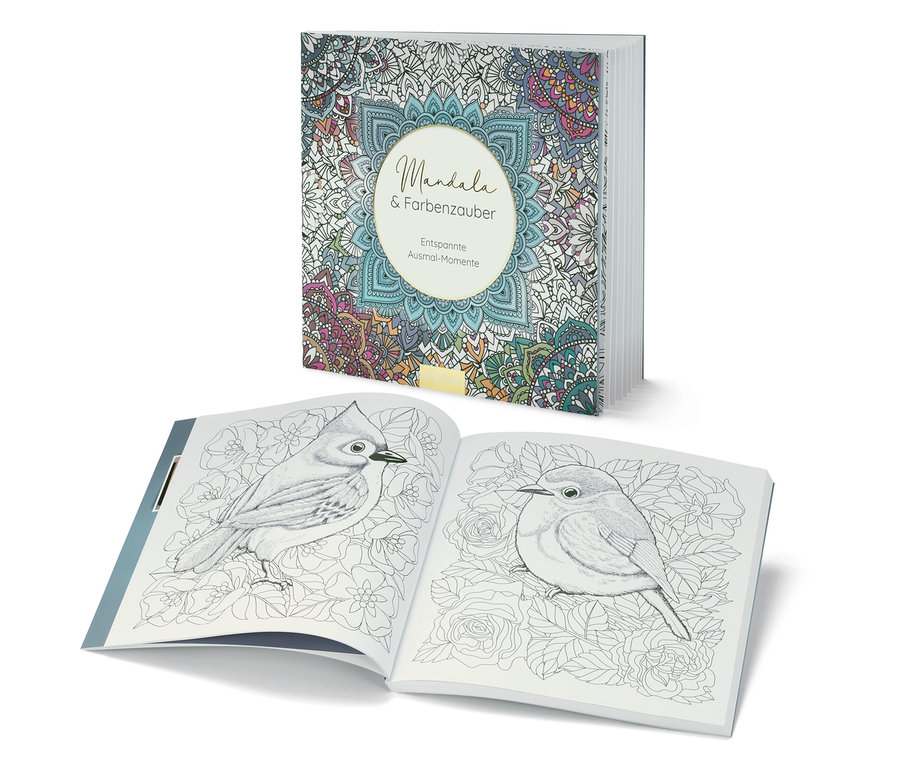 Das Buch "Mandala und Farbenzauber" ist auf einer Seite mit einer Vogelabbildung geöffnet.