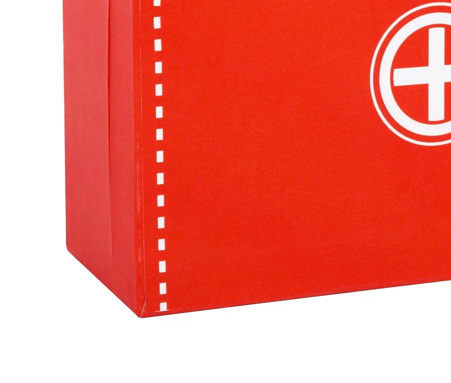 Roter small foot Arztkoffer-Spielset mit weißem Kreuz in der Mitte.
