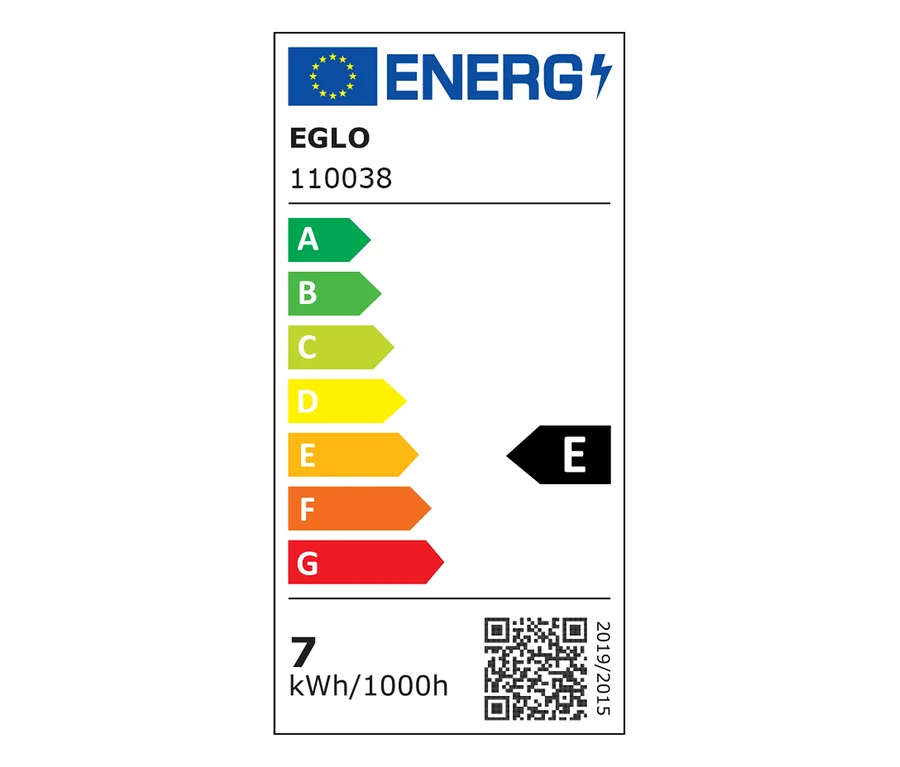 EU-Energielabel für eine Eglo Leuchte, Modell 110038, mit Energieeffizienzklasse E und einem Verbrauch von 7 kWh/1000h.