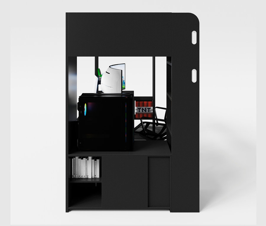 Schwarz-graues roba Minecraft Gaming-Bett mit Schreibtisch, Gaming-Stuhl und Büchern.