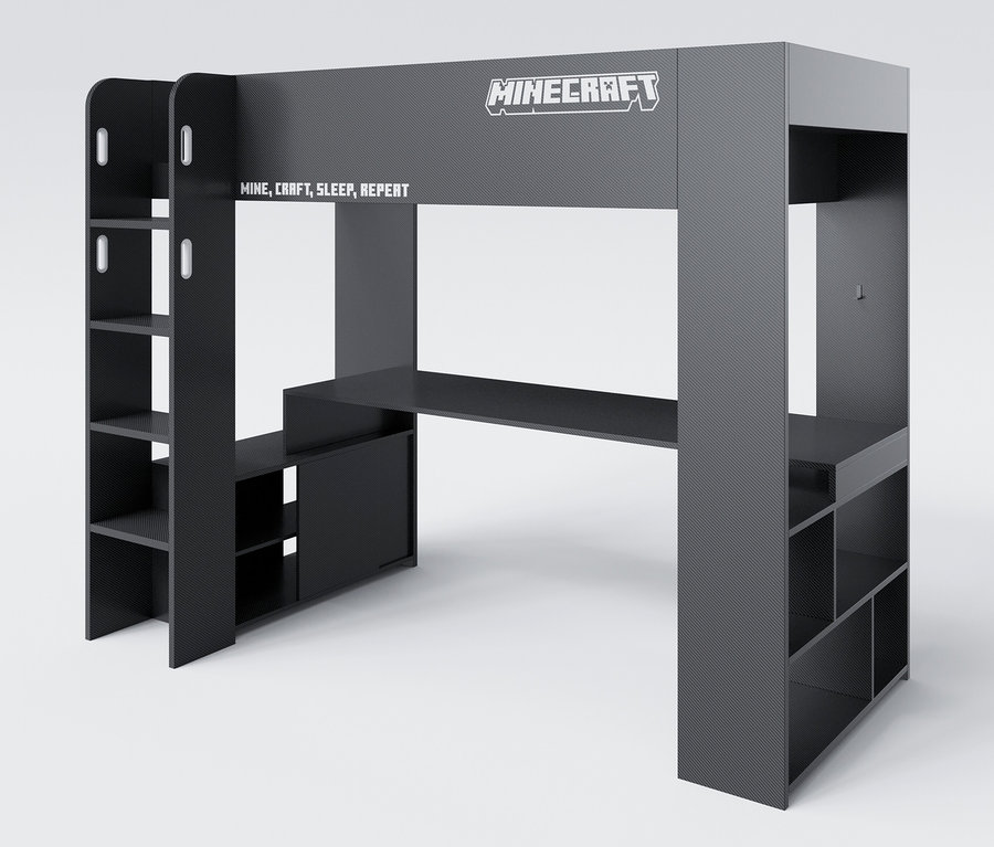 Ein roba Minecraft Gaming-Bett mit Schreibtisch und Stauraum in Anthrazit und Grau.