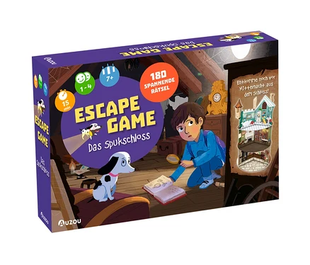 Lila Spielbox "ESCAPE GAME Das Spukschloss" mit einem Jungen, der mit einer Lupe ein Buch liest, und einem Hund daneben. Angaben: 1-4 Spieler, ab 7 Jahren, 15 Min., 180 Rätsel. Rechts ein Spukschloss mit Text "Entkomme noch vor Mitternacht aus dem Schloss!".