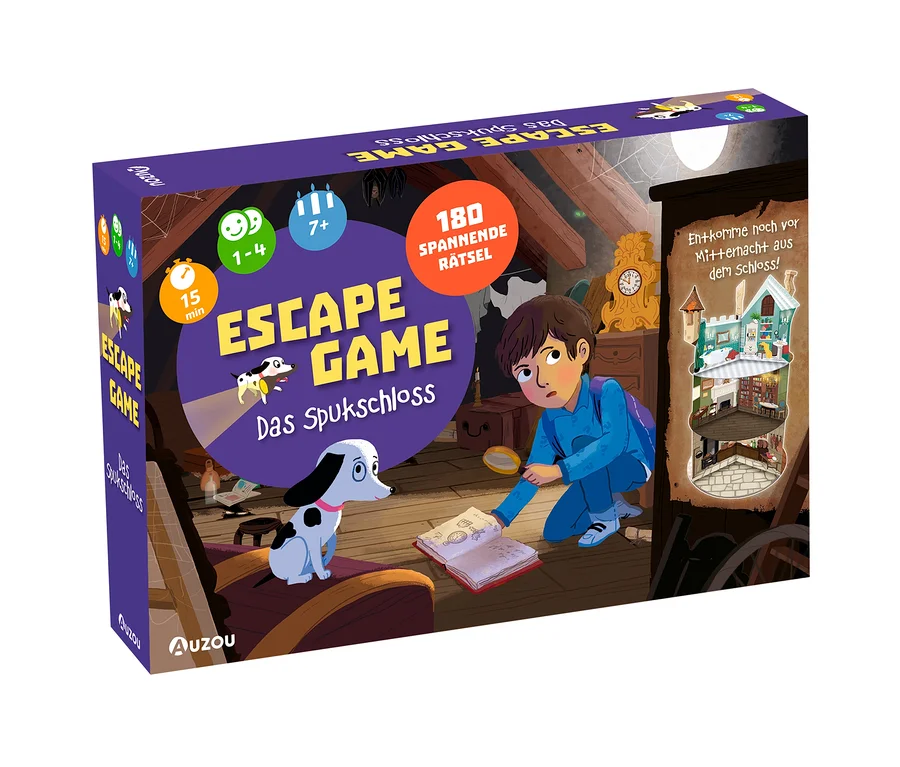 Lila Spielbox "ESCAPE GAME Das Spukschloss" mit einem Jungen, der mit einer Lupe ein Buch liest, und einem Hund daneben. Angaben: 1-4 Spieler, ab 7 Jahren, 15 Min., 180 Rätsel. Rechts ein Spukschloss mit Text "Entkomme noch vor Mitternacht aus dem Schloss!".