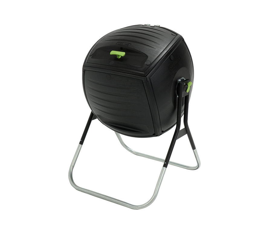 Schwarzer Lifetime-Einzelkomposter, ca. 189 l, auf silbernem Gestell.