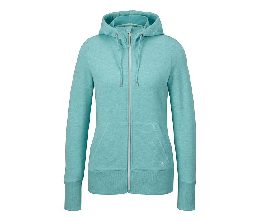 Hellblaue Sweatjacke mit Kapuze und Reißverschluss in der Mitte.