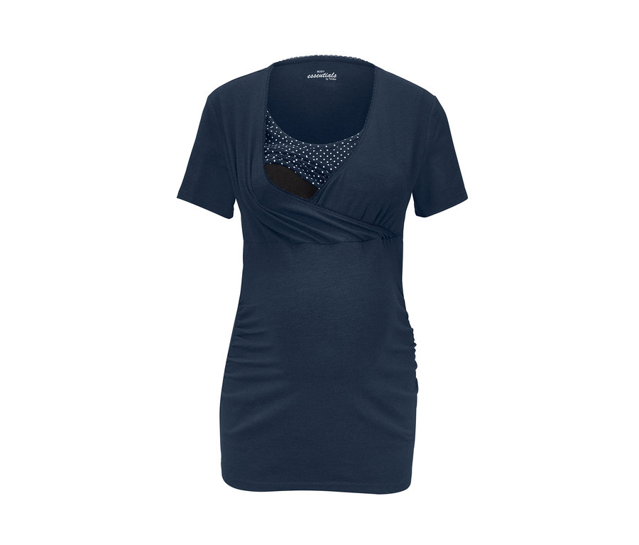 Marineblauer Umstands- und Stillpyjama mit kurzen Ärmeln und weißen Punkten auf der Innenseite.