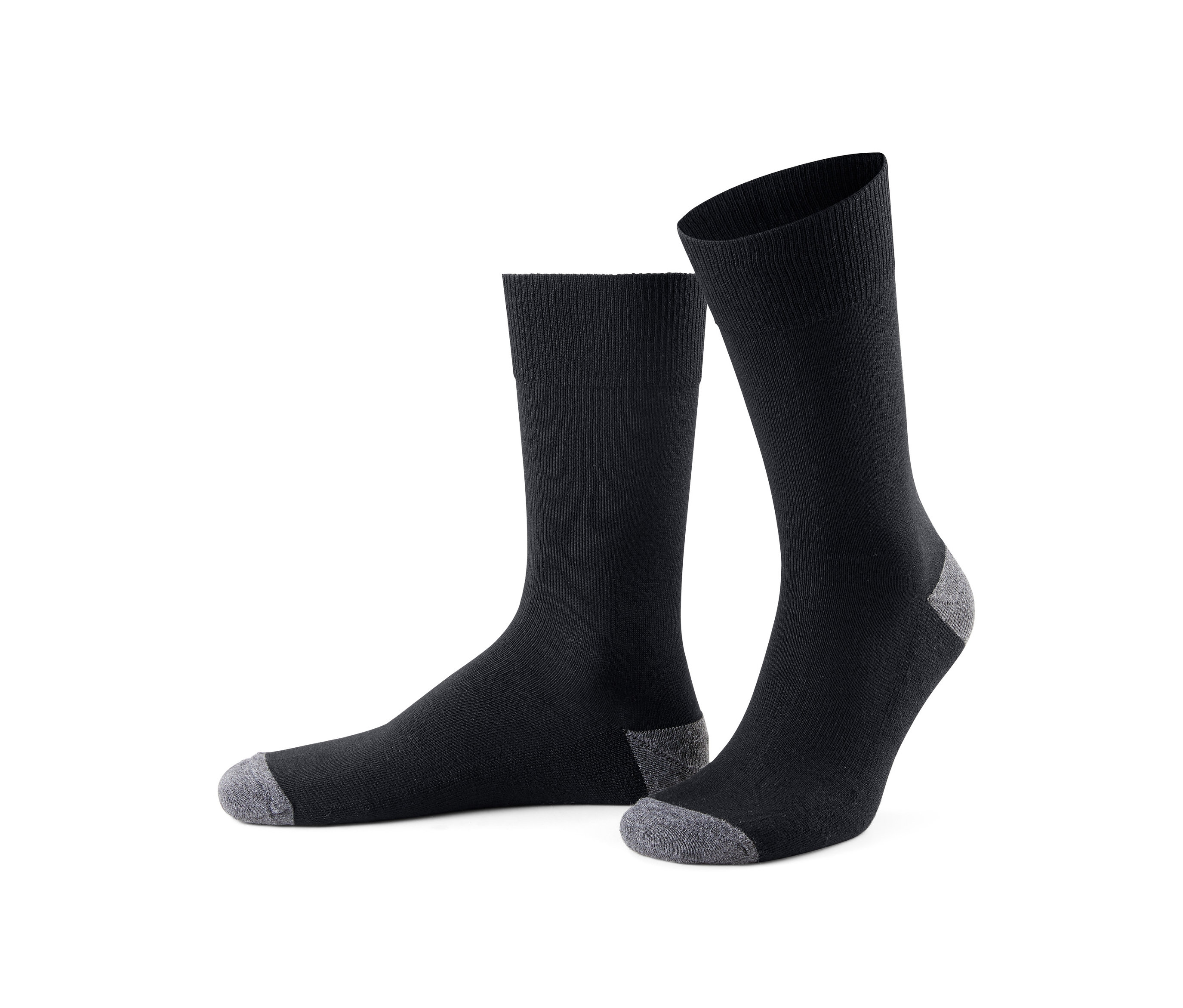 Zwei schwarze Winter-Funktions-Laufsocken mit grauer Ferse und Zehen.