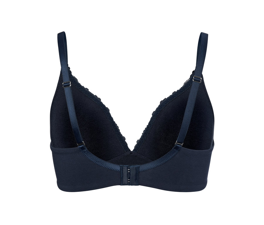Nahaufnahme der Rückseite eines blauen Komfort-Soft-BHs mit Spitzenbesatz.