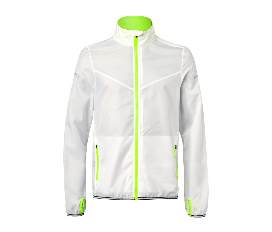 Weiße Lightweight-Sportjacke mit neon-grünem Reißverschluss.