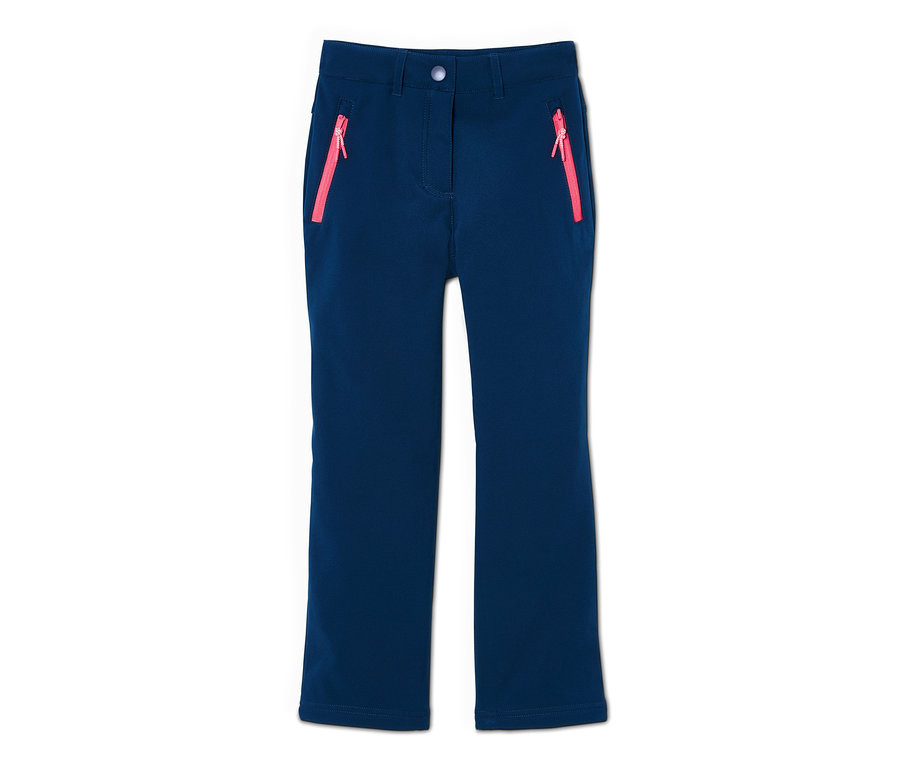 Blaue Softshellhose mit pinken Reissverschlüssen an den Taschen.