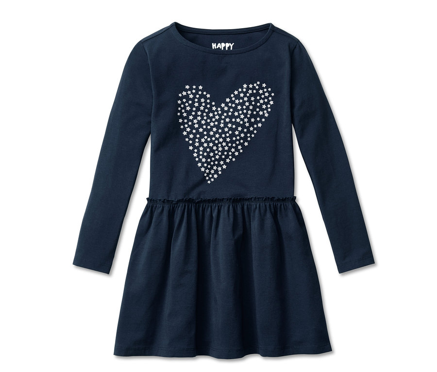 Marineblaues Jerseykleid mit langen Ärmeln und einem weißen Herz.