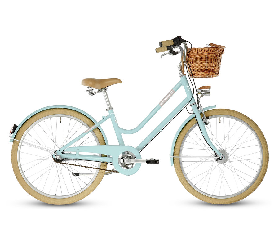 Helles, blaues Vermont Kinder-Hollandfahrrad Woodbury mit braunem Sattel und Korb am Lenker.