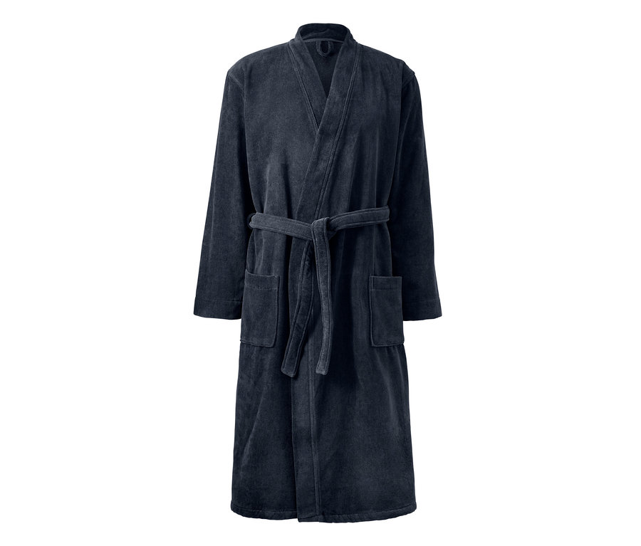 Marineblauer Velours-Bademantel mit Gürtel und Taschen.