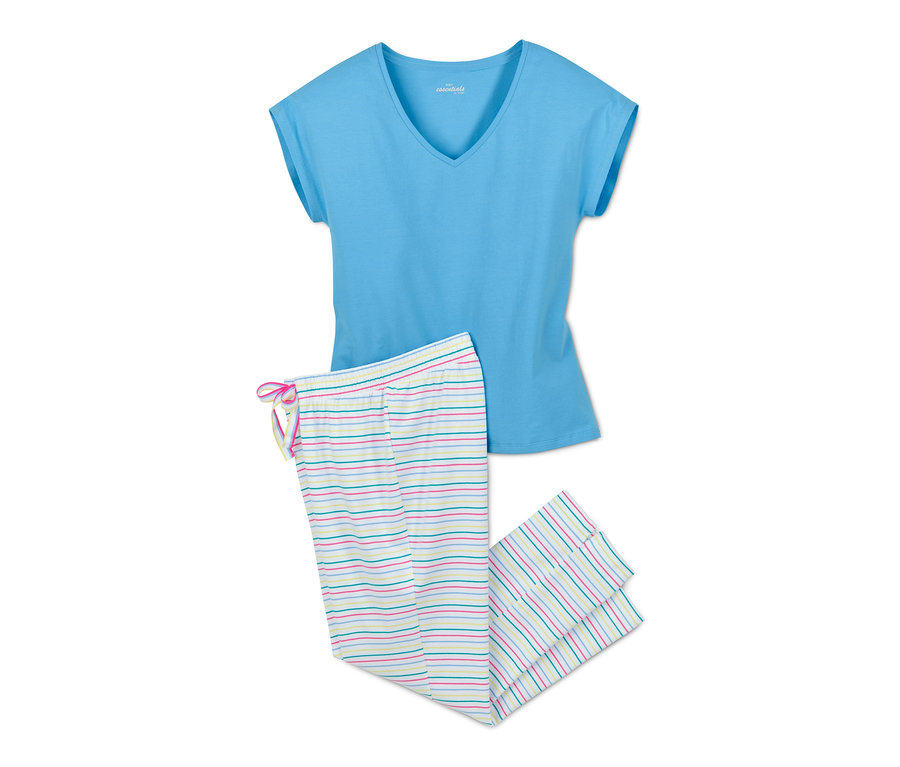 Blauer Pyjama mit Kurzarm-Oberteil und gestreifter 7/8-Hose.
