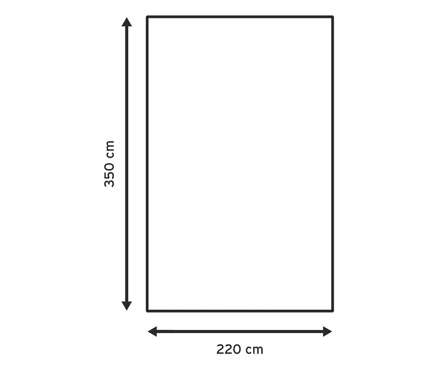 Abbildung eines rechteckigen Outdoor- und Zeltteppichs mit den Maßen 220 x 350 cm.