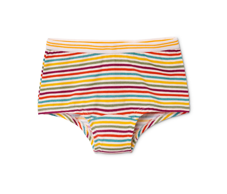 Auf einem weißen Hintergrund liegen 3 Pantys mit gelben, roten, grünen, violetten und blauen horizontalen Streifen.