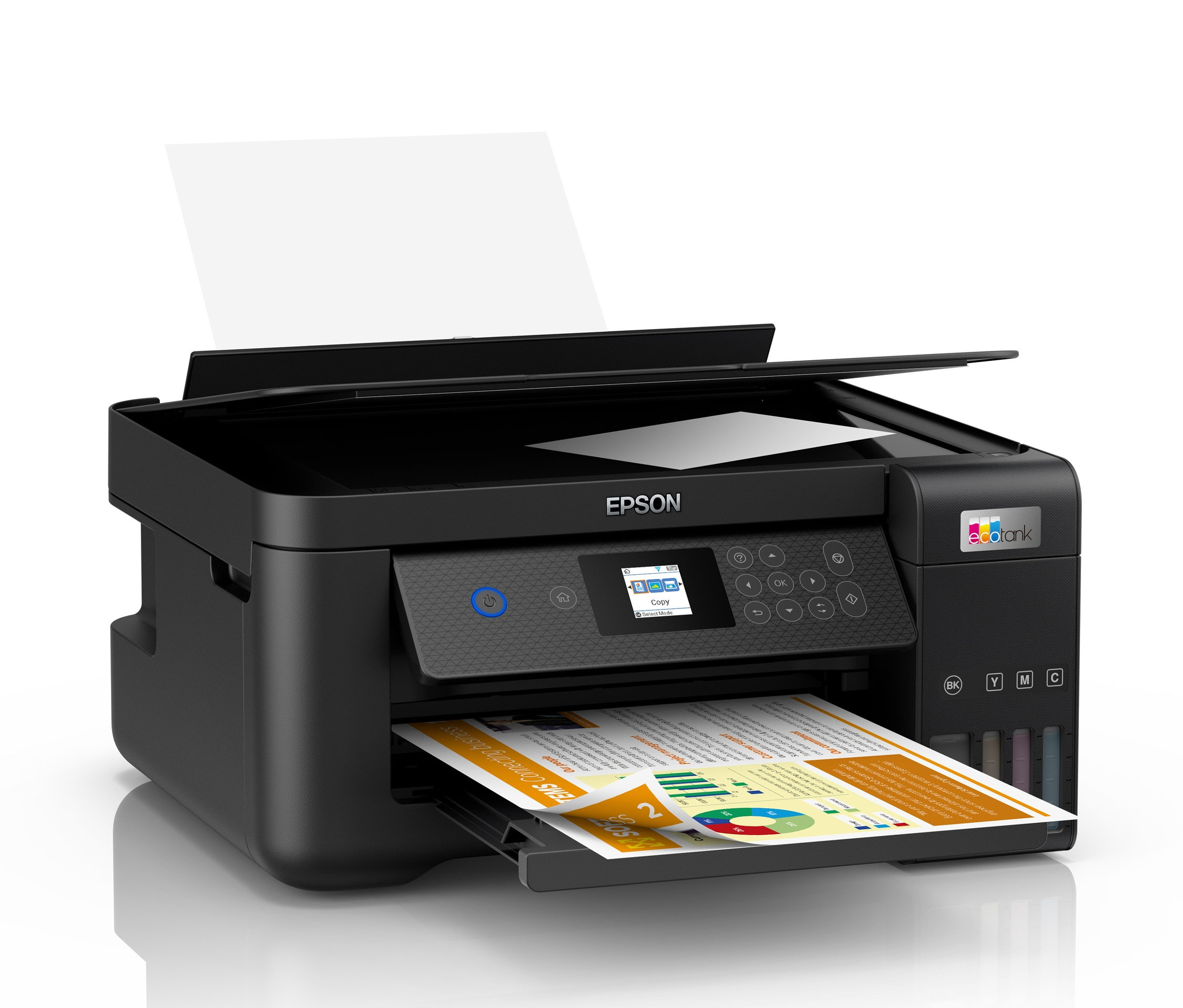 Ein schwarzer Epson EcoTank ET-2850 Multifunktionsdrucker mit eingelegtem Papier.