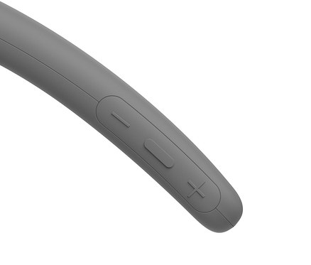 Detailaufnahme eines grauen Sony Bluetooth-Nackenbügel-Lautsprechers SRS NB10.