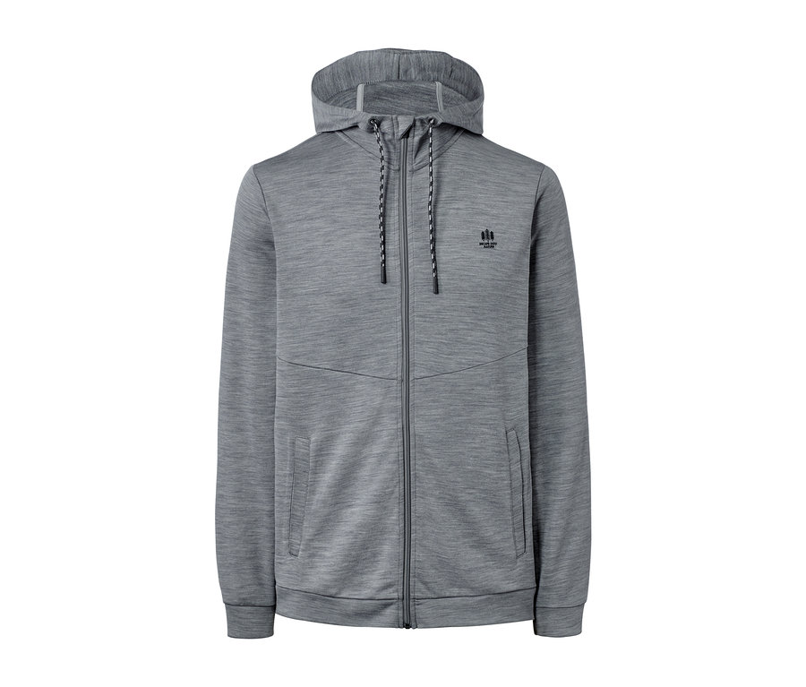 Graue Funktionsjacke mit Merinowolle mit Reißverschluss und Kapuze.