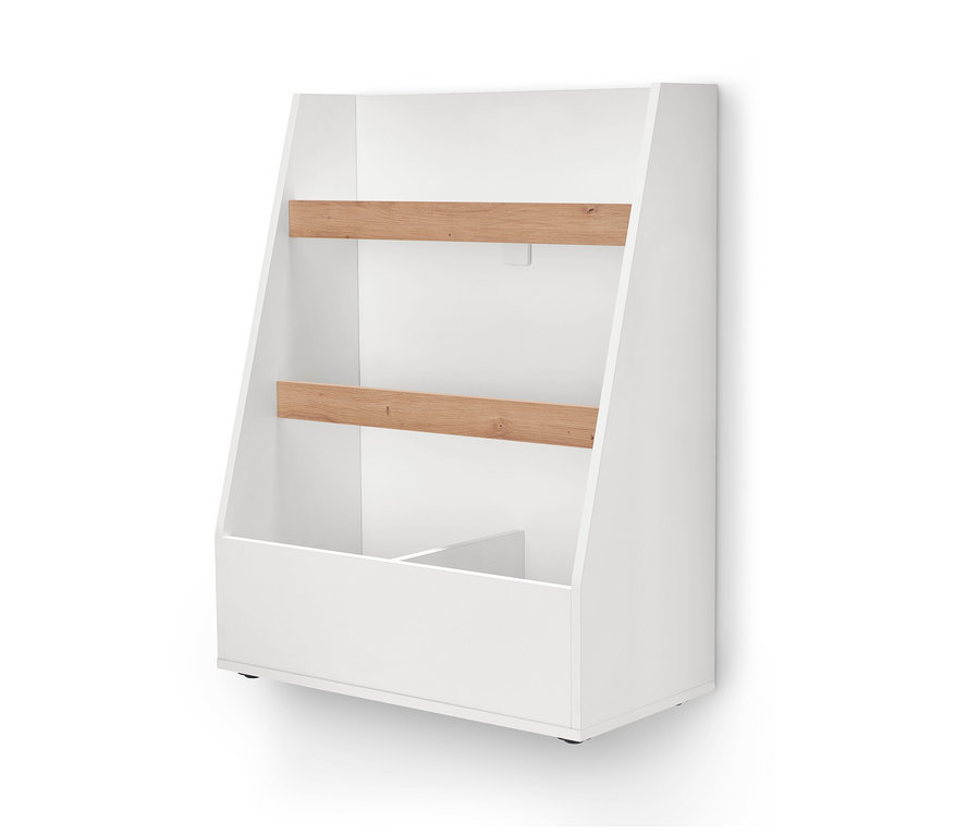 Weißes Stufenregal mit Holzablagen.