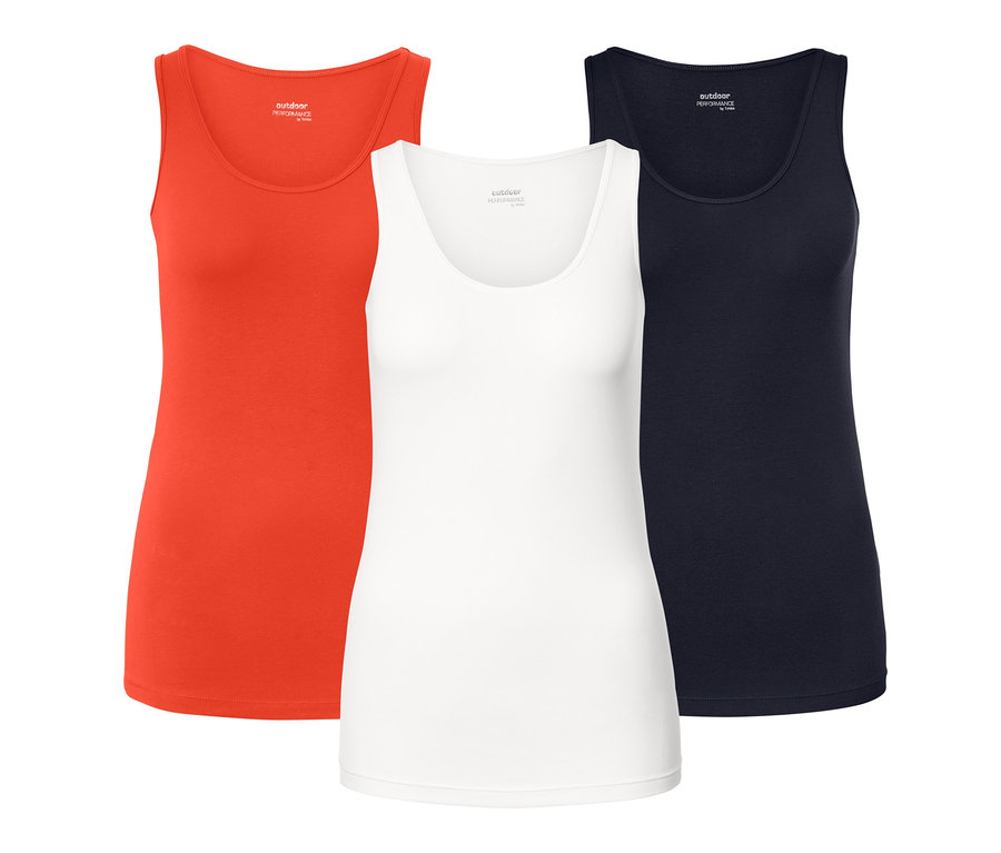 Drei Tops: ein oranges, ein weißes und ein dunkelblaues.