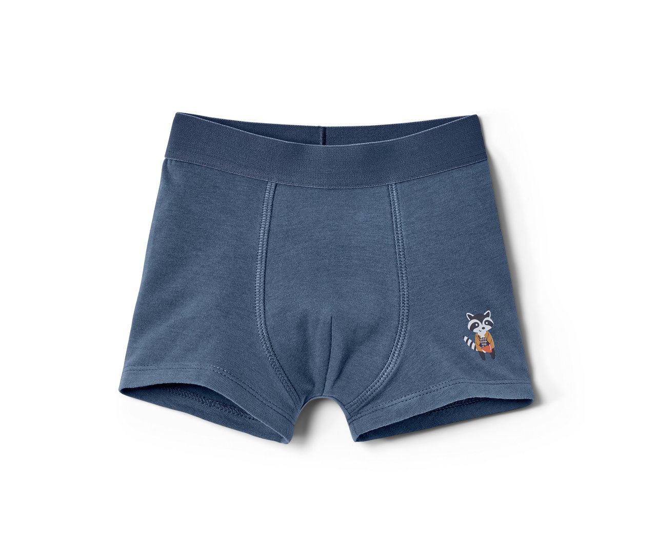 Blaue Jungen-Slipboxer mit Waschbär-Motiv.