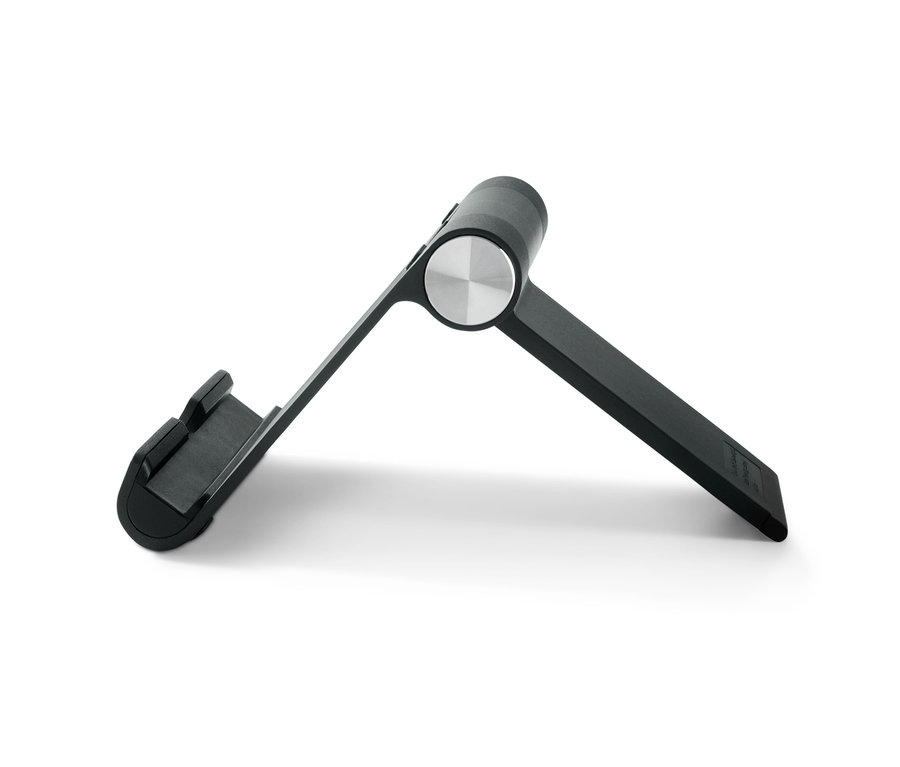 Schwarzer Smartphone- und Tablet-Ständer auf weißem Hintergrund.