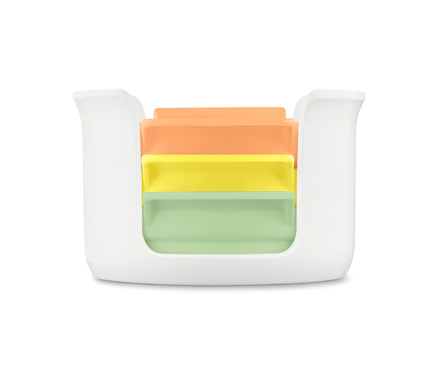 Weißer 3-in-1-Ei-und-Mozzarellaschneider mit orangefarbenen, gelben und grünen Scheiben.