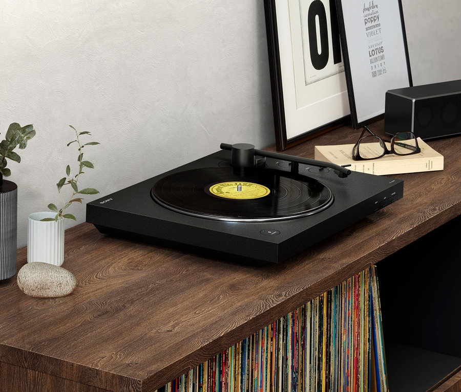 Auf einem Holzschrank stehen ein Plattenspieler, neben einer Vase mit Pflanzen. Zu sehen ist der Sony-Plattenspieler »PS-LX310BT«.