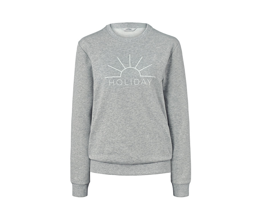 Graues Sweatshirt mit der Aufschrift Holiday.