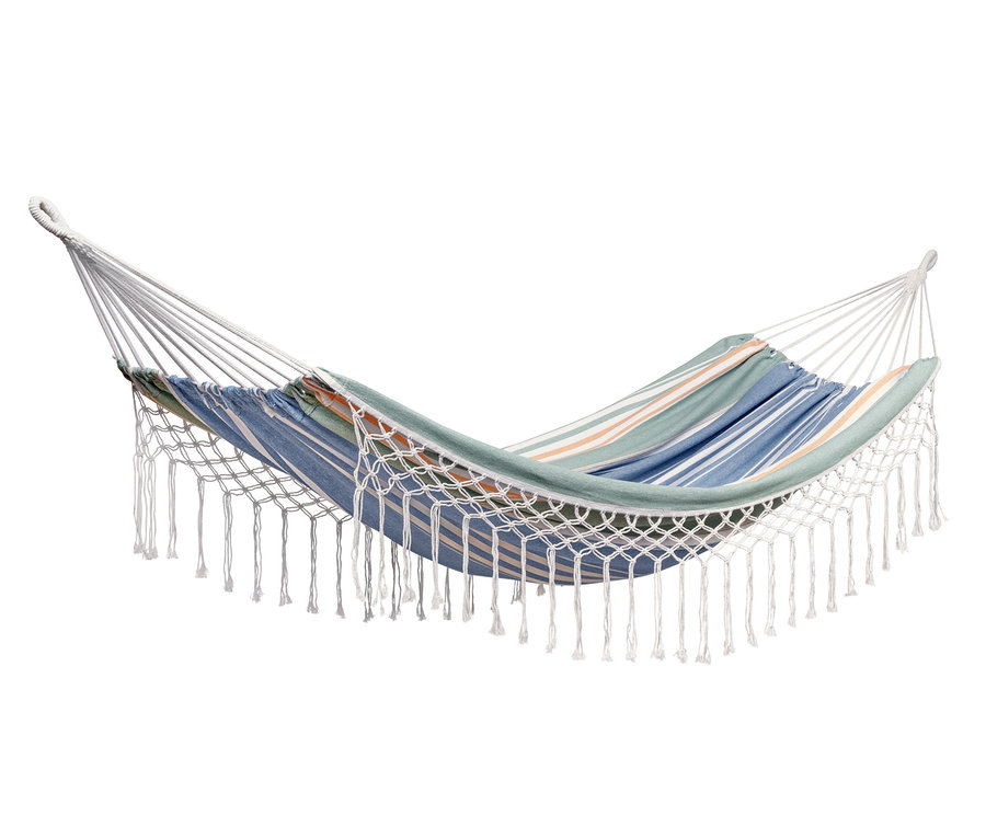 Gestreifte Doppel-Hängematte, ca. 140 cm, mit Fransen.